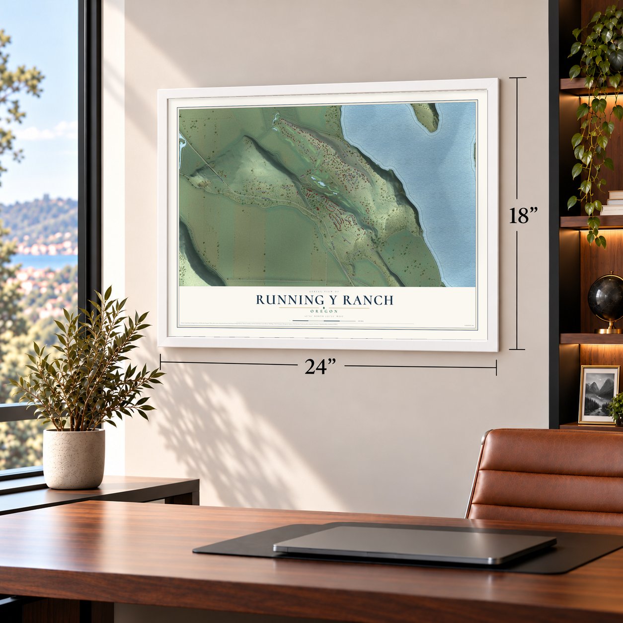 Running Y Ranch, Oregon map, 18 x 24 inch print in a white frame in a home office