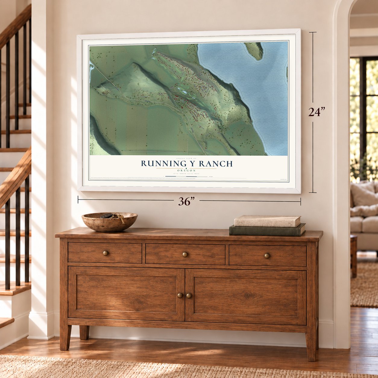 Running Y Ranch, Oregon map, 24 x 36 inch print in a white frame above a dresser by a staircase