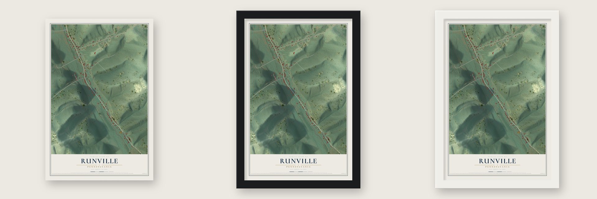 Runville, Pennsylvania map unframed, in a black wood frame and in a white wood frame
