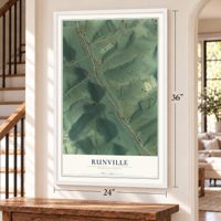 Runville, Pennsylvania map, 24 x 36 inch print in a white frame by a staircase