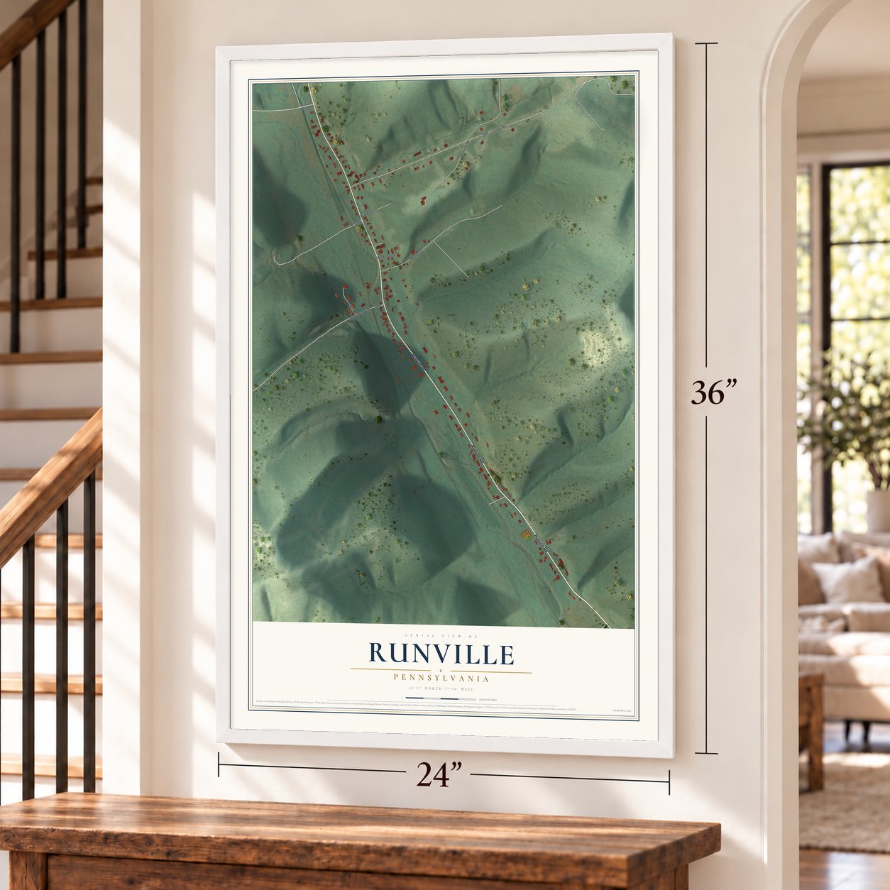 Runville, Pennsylvania map, 24 x 36 inch print in a white frame by a staircase