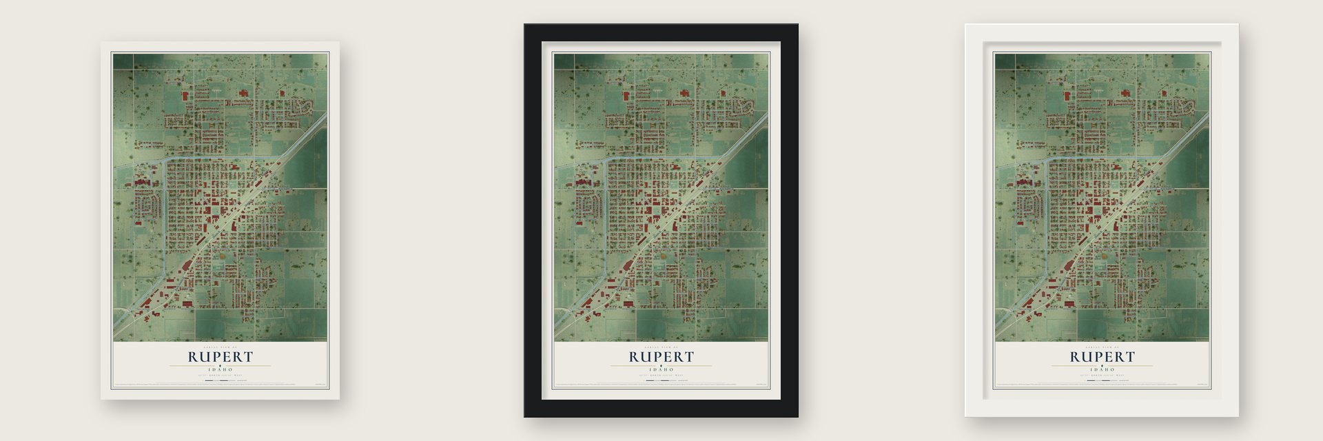 Rupert, Idaho map unframed, in a black wood frame and in a white wood frame