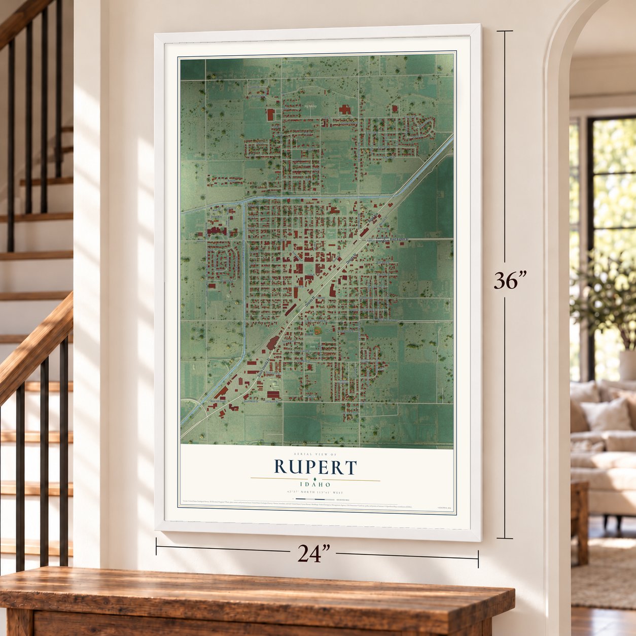 Rupert, Idaho map, 24 x 36 inch print in a white frame by a staircase