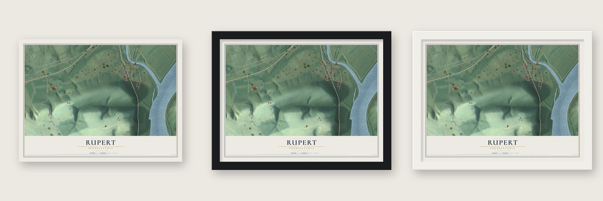 Rupert, Pennsylvania map unframed, in a black wood frame and in a white wood frame