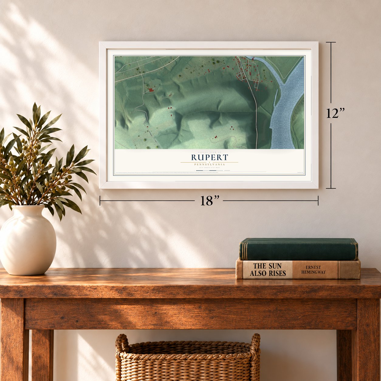 Rupert, Pennsylvania map, 12 x 18 inch print in a white frame in an entryway