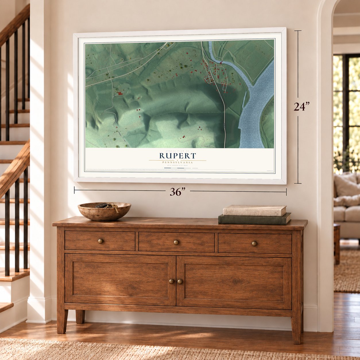 Rupert, Pennsylvania map, 24 x 36 inch print in a white frame above a dresser by a staircase