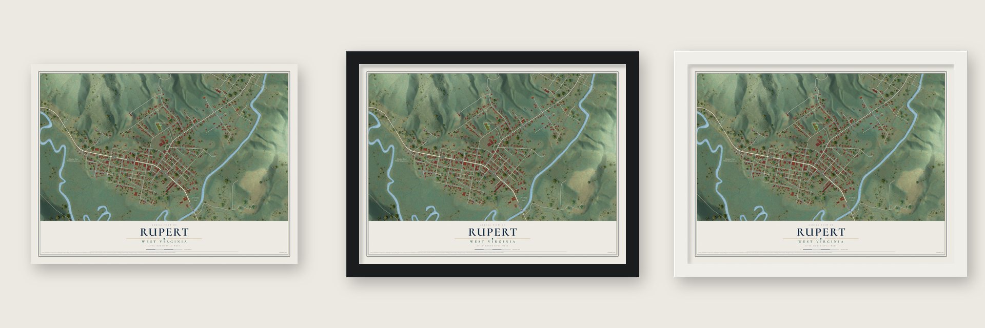 Rupert, West Virginia map unframed, in a black wood frame and in a white wood frame