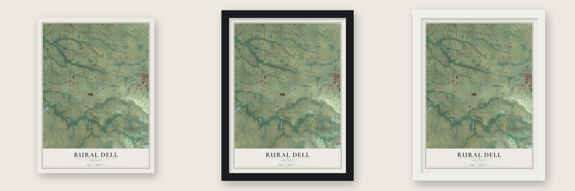 Rural Dell, Oregon map unframed, in a black wood frame and in a white wood frame