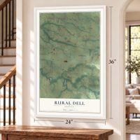 Rural Dell, Oregon map, 24 x 36 inch print in a white frame by a staircase