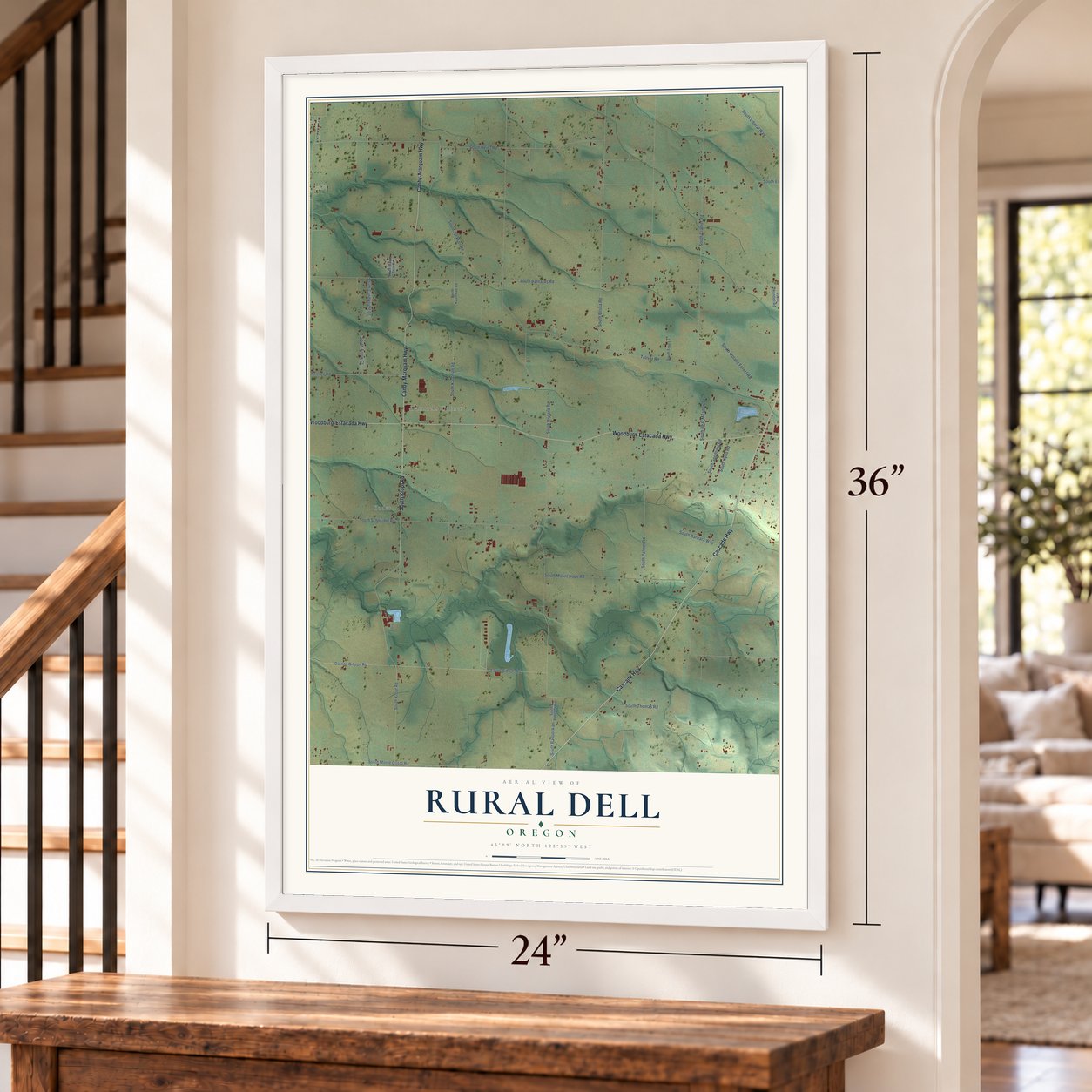 Rural Dell, Oregon map, 24 x 36 inch print in a white frame by a staircase