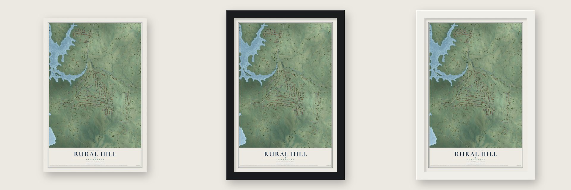 Rural Hill, Tennessee map unframed, in a black wood frame and in a white wood frame