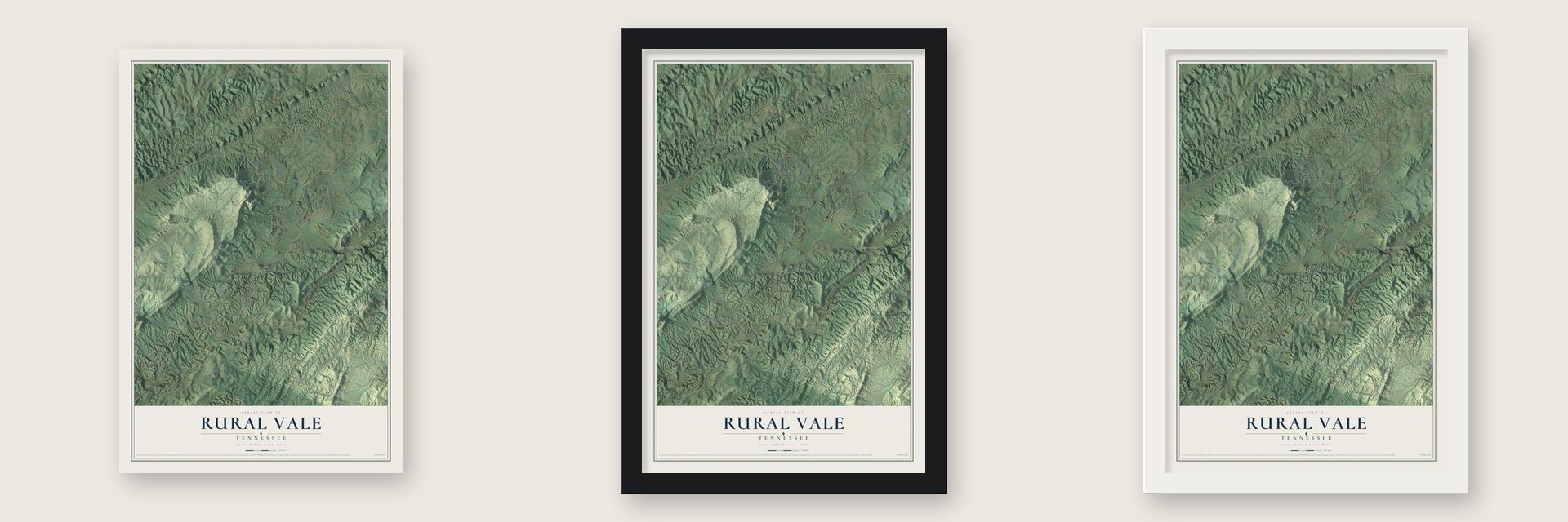 Rural Vale, Tennessee map unframed, in a black wood frame and in a white wood frame
