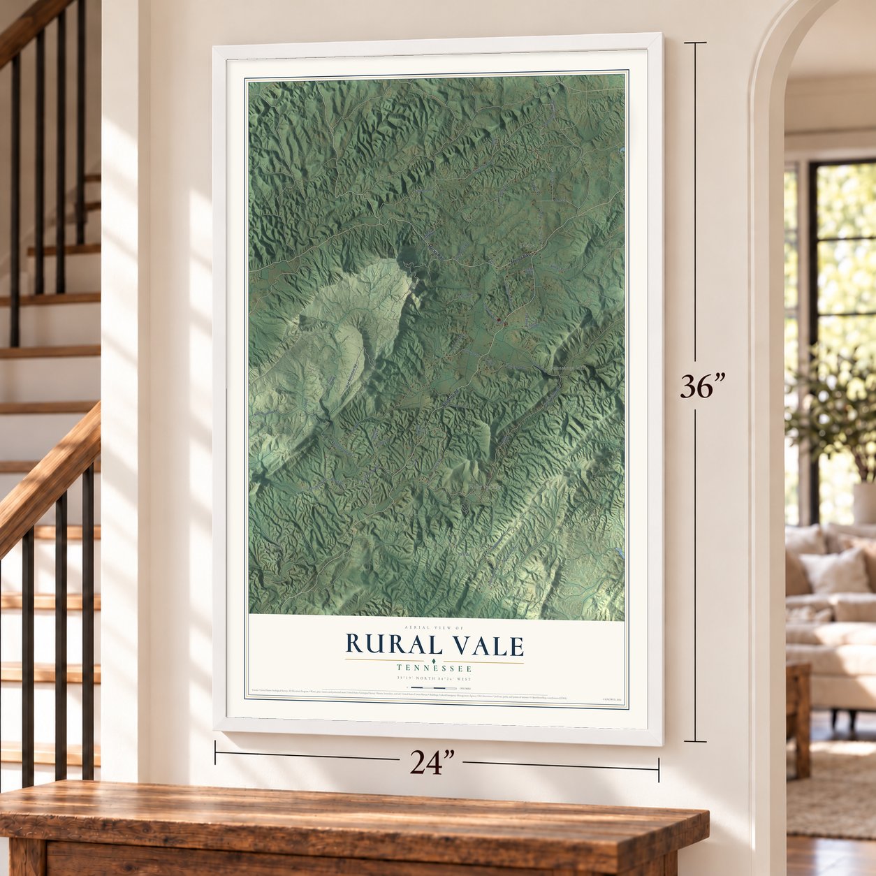 Rural Vale, Tennessee map, 24 x 36 inch print in a white frame by a staircase