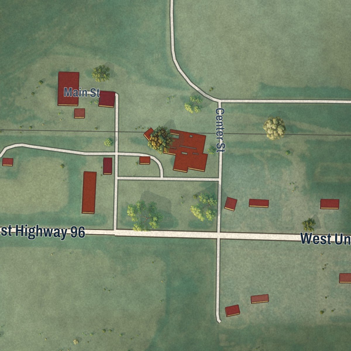 Second close-up of the map of Rush Center, Kansas print showing more streets and buildings
