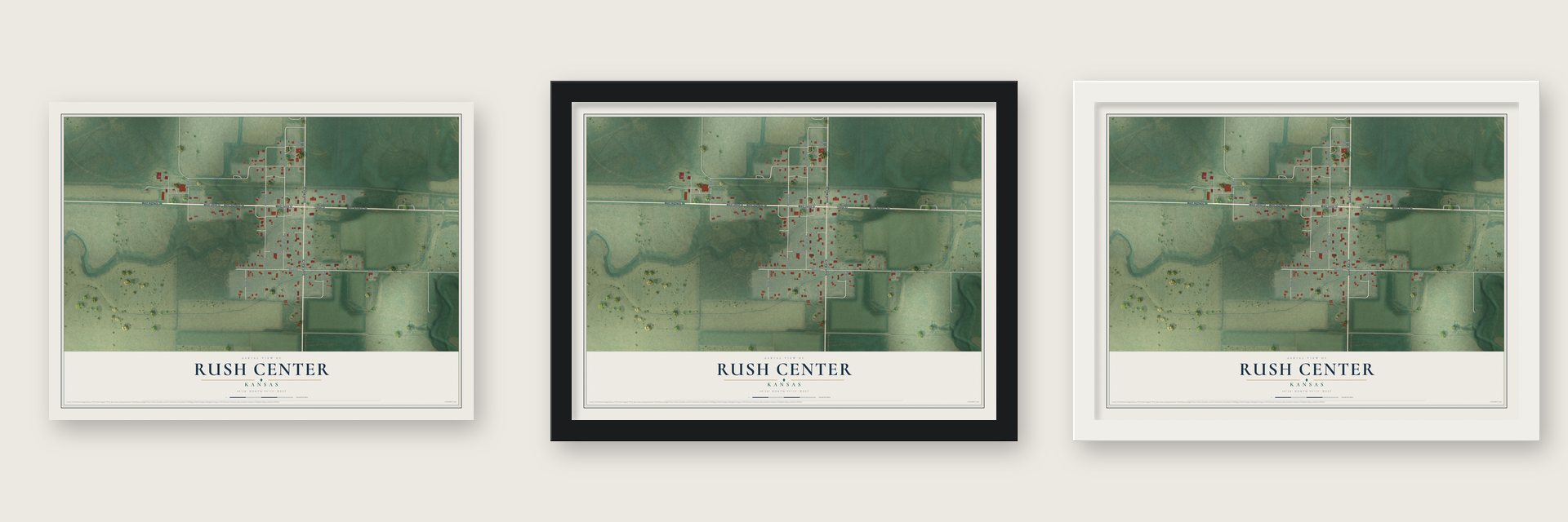 Rush Center, Kansas map unframed, in a black wood frame and in a white wood frame