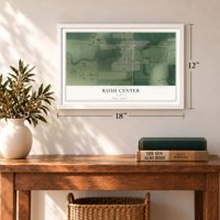 Rush Center, Kansas map, 12 x 18 inch print in a white frame in an entryway
