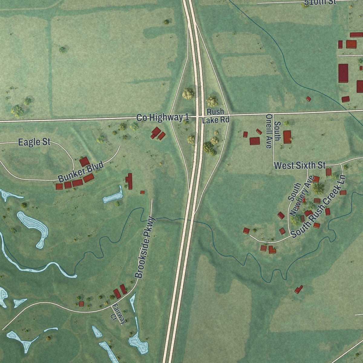 Second close-up of the map of Rush City, Minnesota print showing more streets and buildings