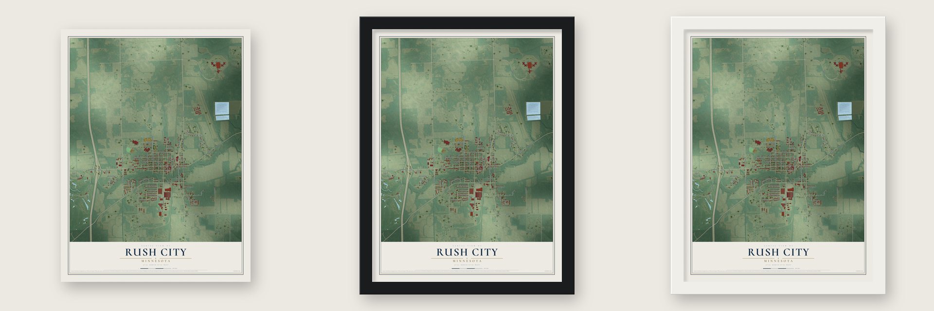 Rush City, Minnesota map unframed, in a black wood frame and in a white wood frame