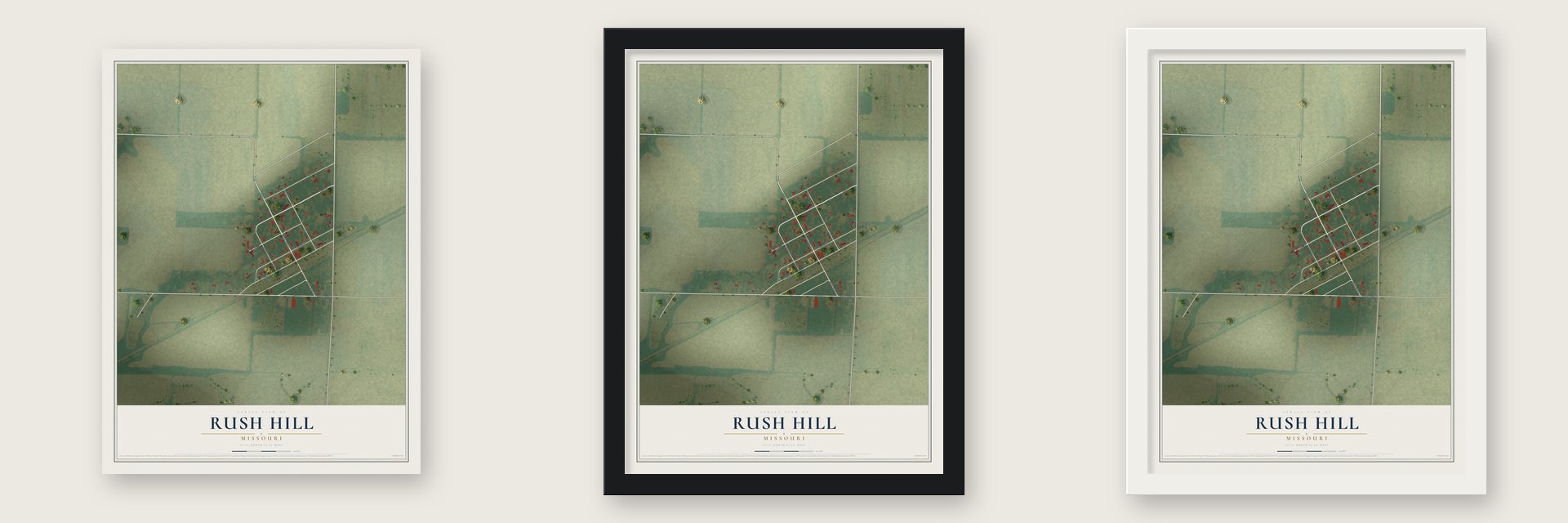 Rush Hill, Missouri map unframed, in a black wood frame and in a white wood frame
