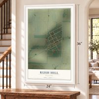 Rush Hill, Missouri map, 24 x 36 inch print in a white frame by a staircase