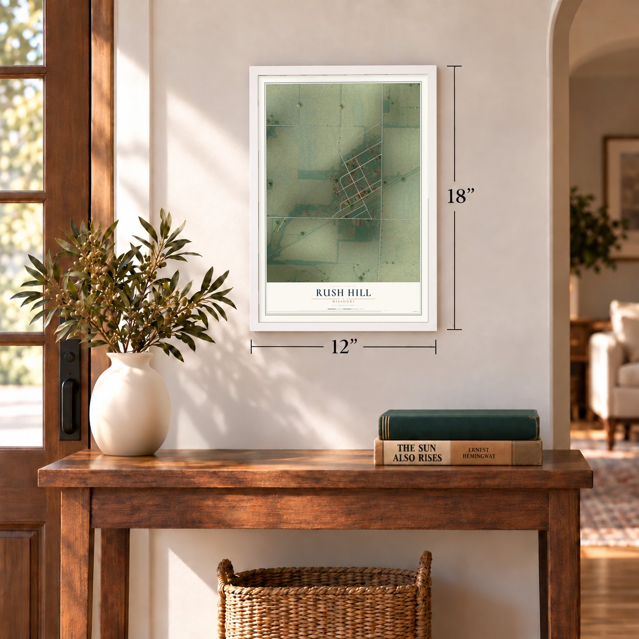 Rush Hill, Missouri map, 12 x 18 inch print in a white frame in an entryway