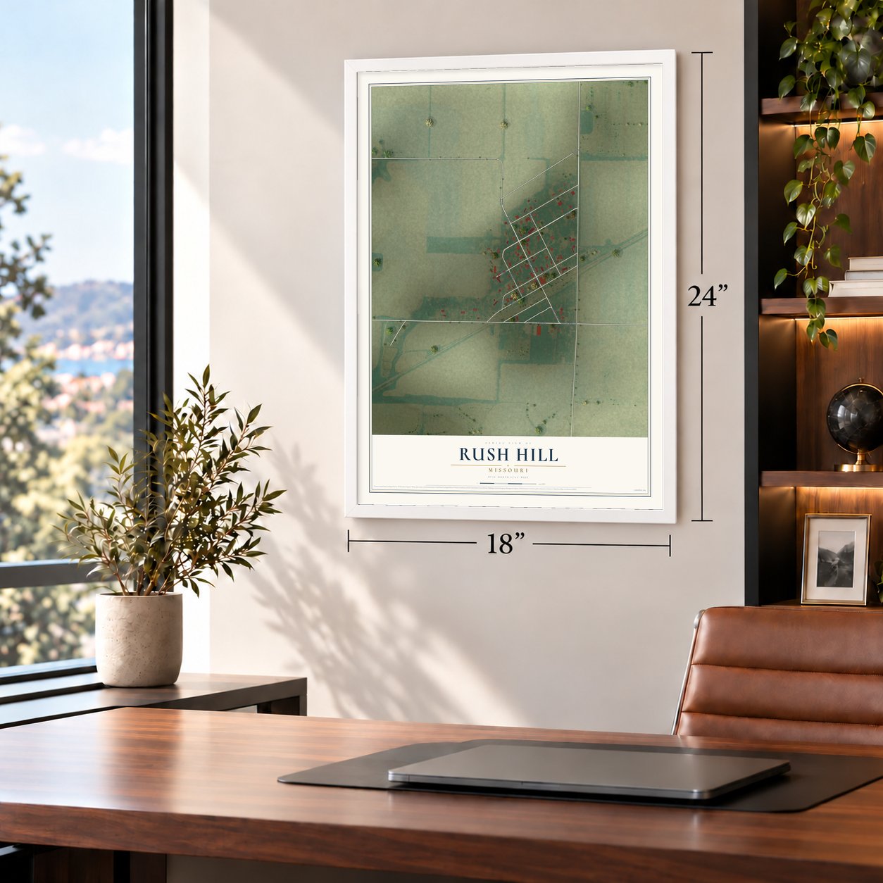 Rush Hill, Missouri map, 18 x 24 inch print in a white frame in a home office