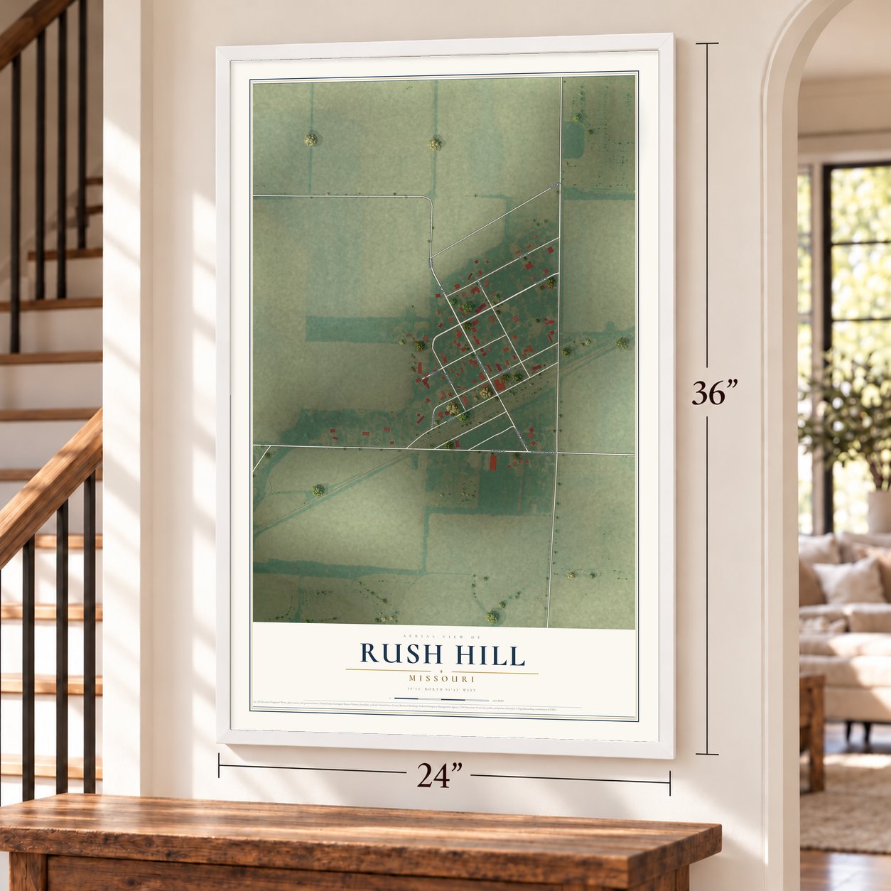 Rush Hill, Missouri map, 24 x 36 inch print in a white frame by a staircase