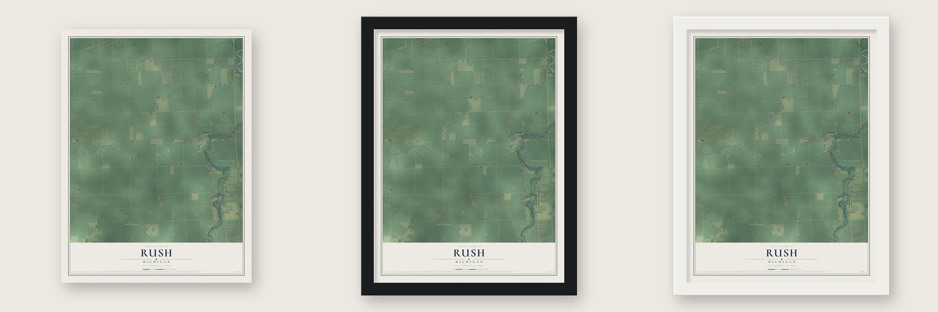 Rush, Michigan map unframed, in a black wood frame and in a white wood frame