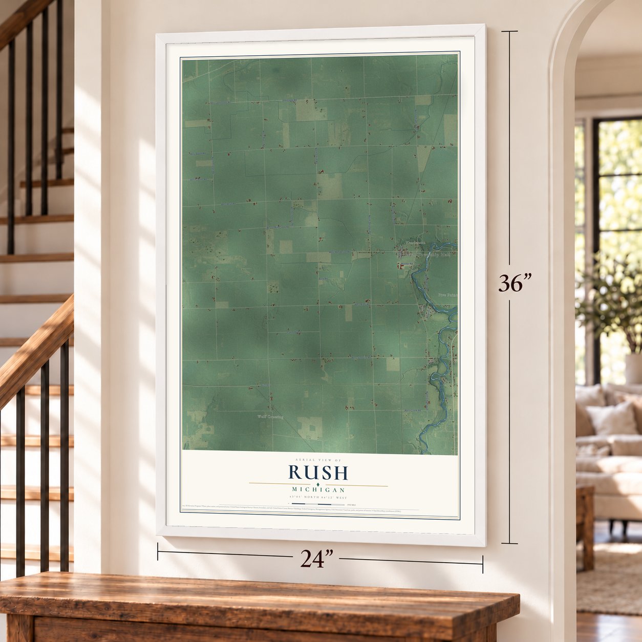 Rush, Michigan map, 24 x 36 inch print in a white frame by a staircase