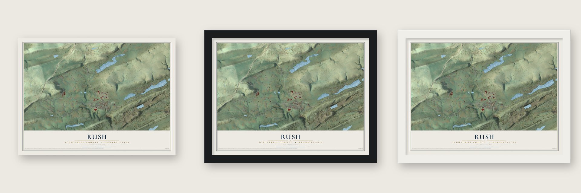 Rush, Schuylkill County, Pennsylvania map unframed, in a black wood frame and in a white wood frame