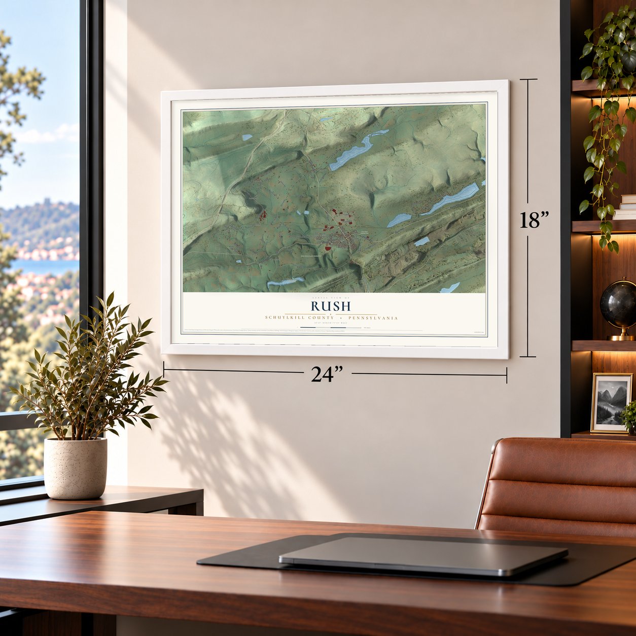 Rush, Schuylkill County, Pennsylvania map, 18 x 24 inch print in a white frame in a home office