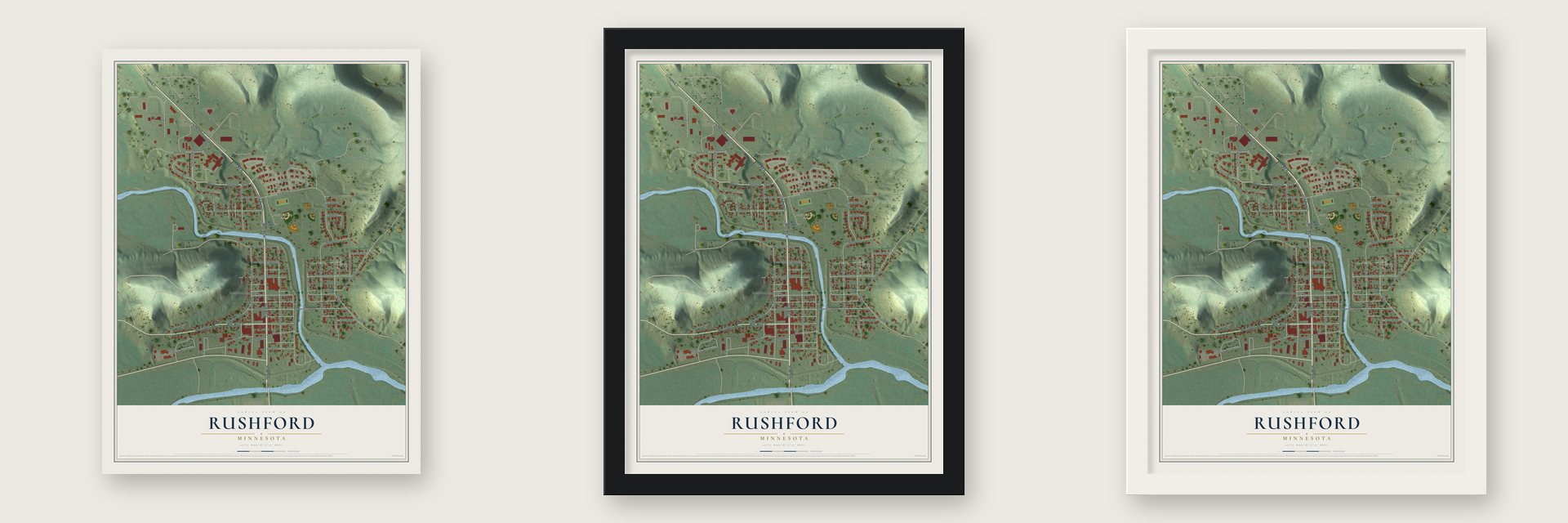 Rushford, Minnesota map unframed, in a black wood frame and in a white wood frame