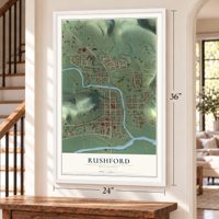 Rushford, Minnesota map, 24 x 36 inch print in a white frame by a staircase
