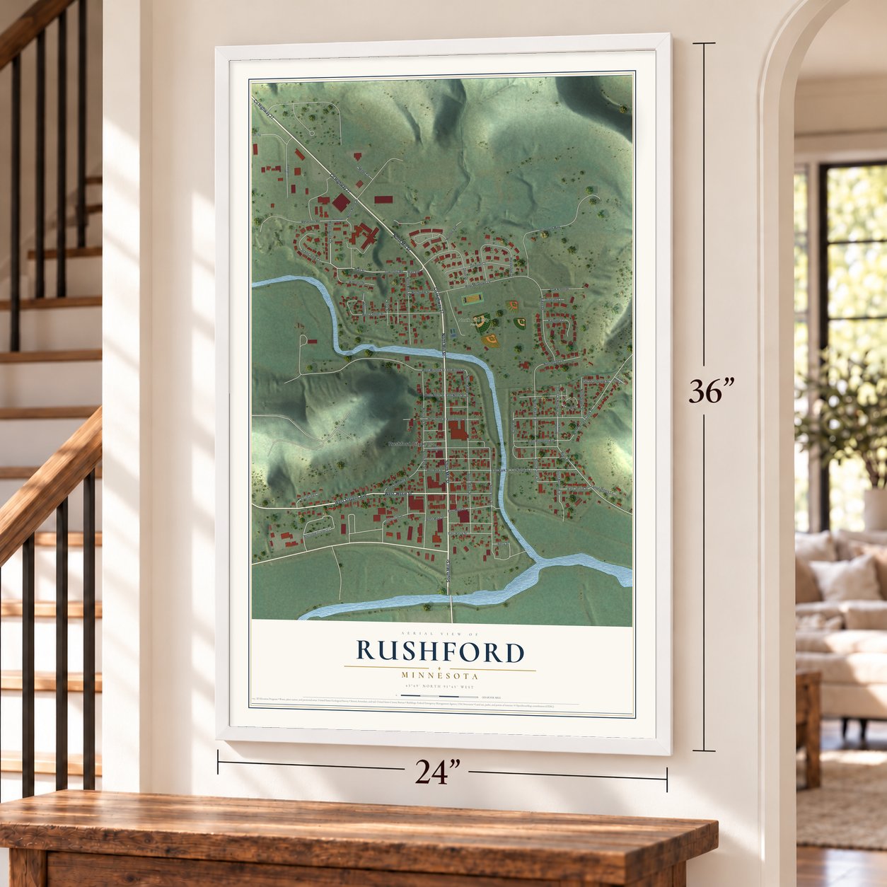 Rushford, Minnesota map, 24 x 36 inch print in a white frame by a staircase