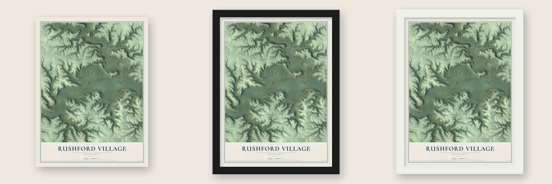 Rushford Village, Minnesota map unframed, in a black wood frame and in a white wood frame