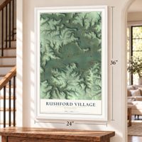 Rushford Village, Minnesota map, 24 x 36 inch print in a white frame by a staircase