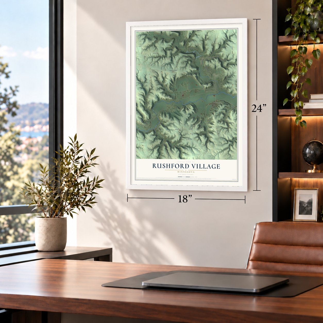 Rushford Village, Minnesota map, 18 x 24 inch print in a white frame in a home office