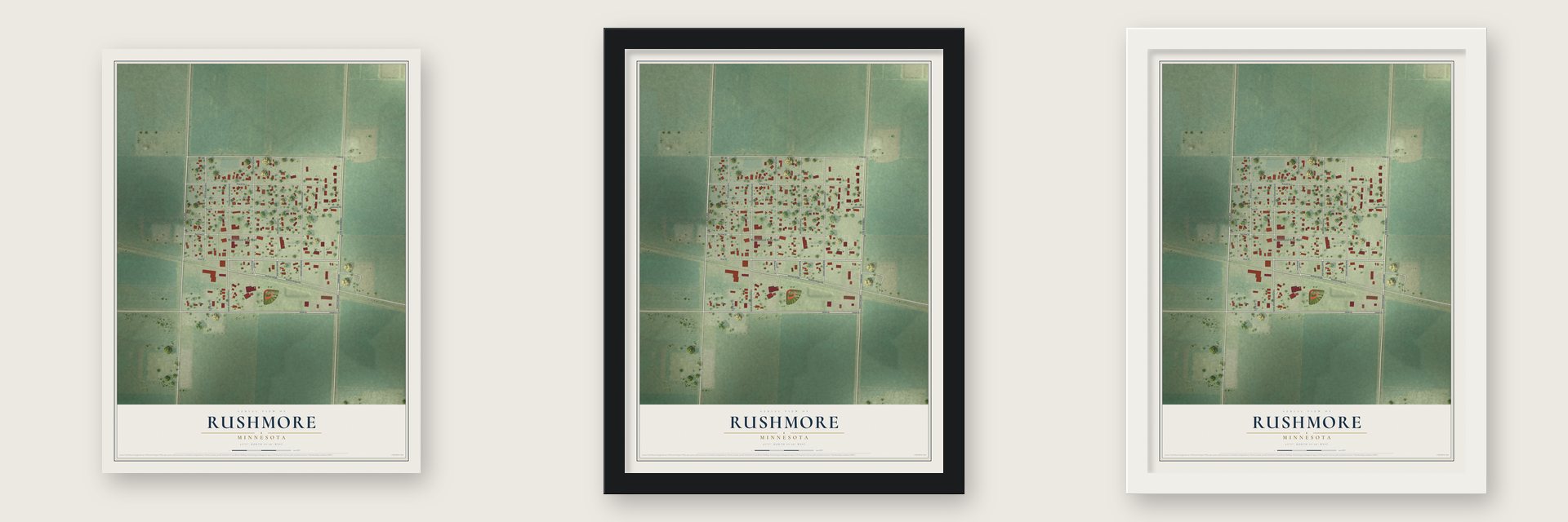 Rushmore, Minnesota map unframed, in a black wood frame and in a white wood frame