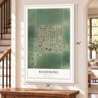 Rushmore, Minnesota map, 24 x 36 inch print in a white frame by a staircase