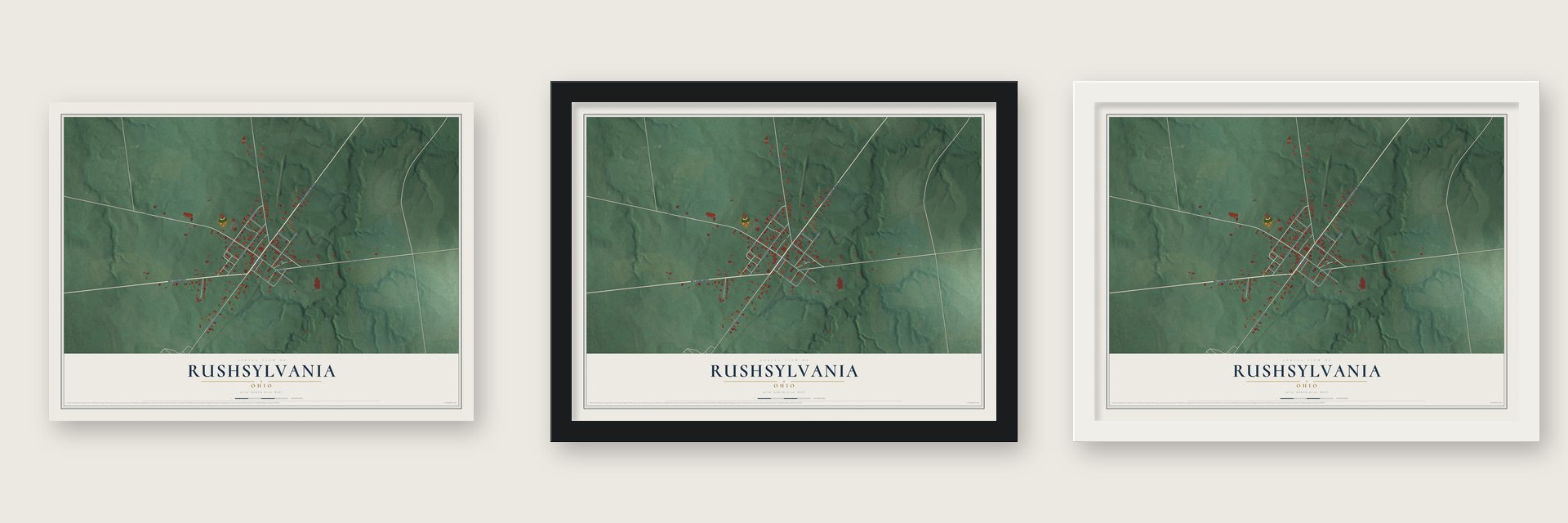 Rushsylvania, Ohio map unframed, in a black wood frame and in a white wood frame