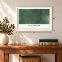 Rushsylvania, Ohio map, 12 x 18 inch print in a white frame in an entryway