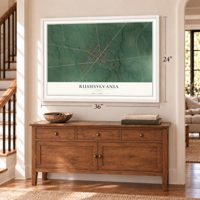 Rushsylvania, Ohio map, 24 x 36 inch print in a white frame above a dresser by a staircase