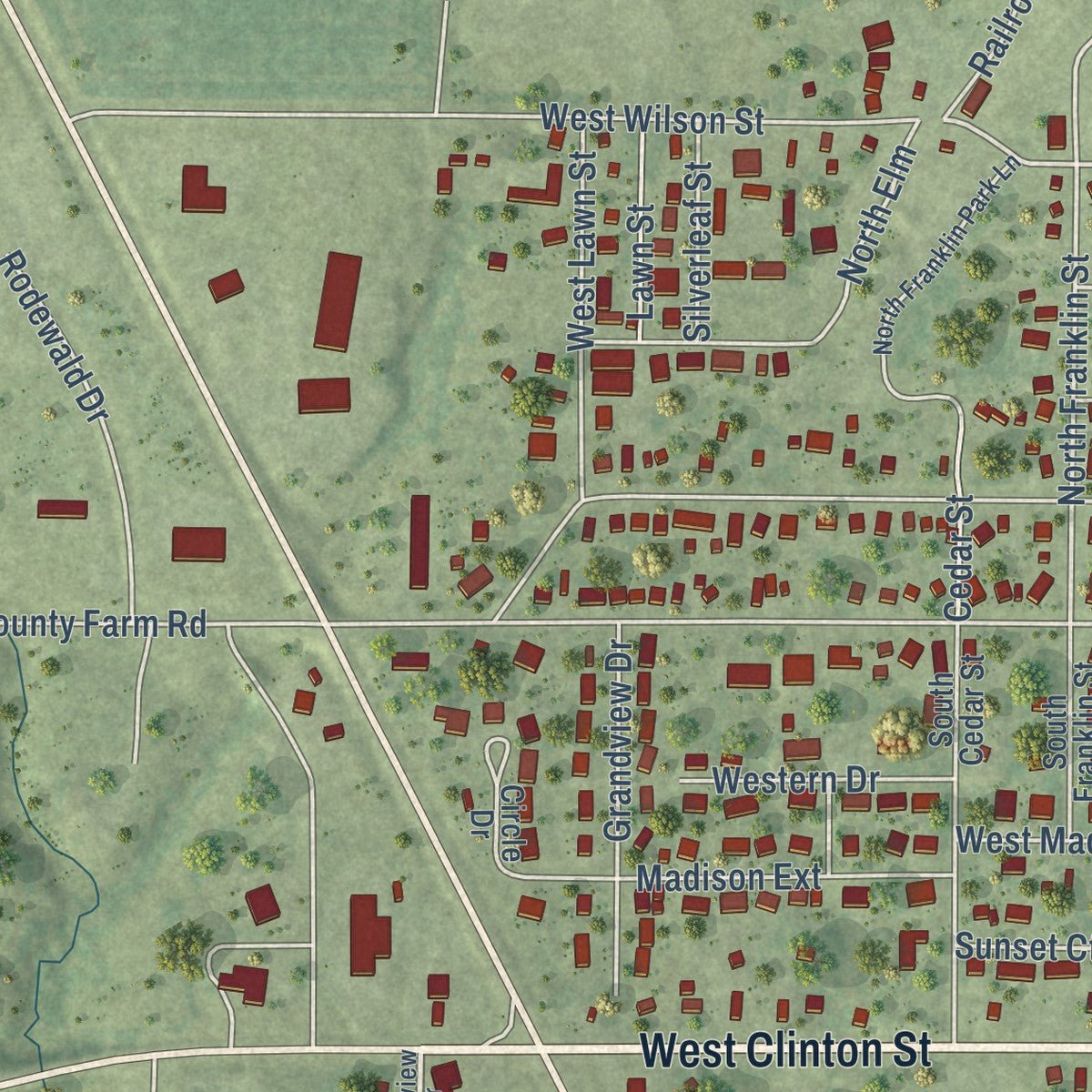 Second close-up of the map of Rushville, Illinois print showing more streets and buildings