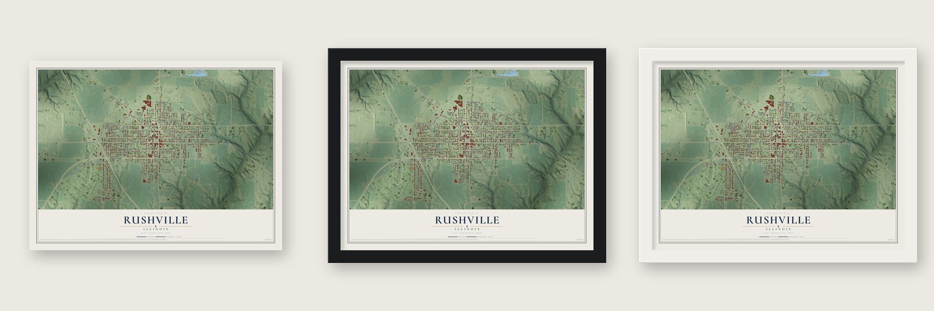 Rushville, Illinois map unframed, in a black wood frame and in a white wood frame