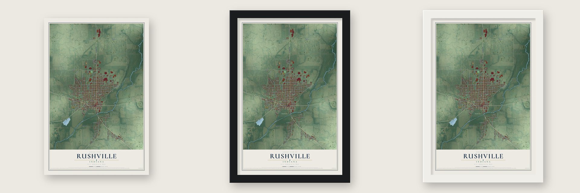 Rushville, Indiana map unframed, in a black wood frame and in a white wood frame