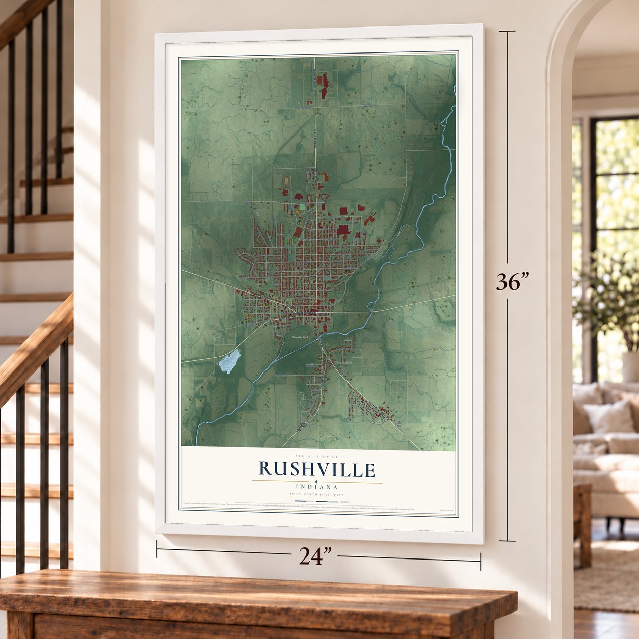 Rushville, Indiana map, 24 x 36 inch print in a white frame by a staircase