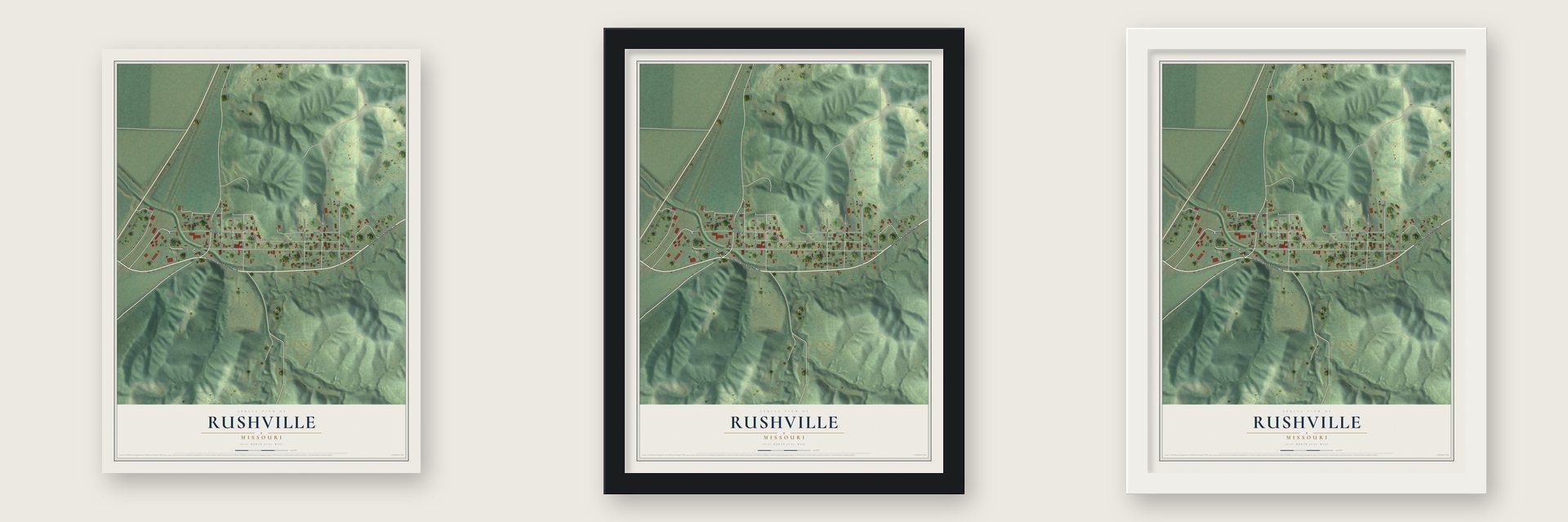 Rushville, Missouri map unframed, in a black wood frame and in a white wood frame