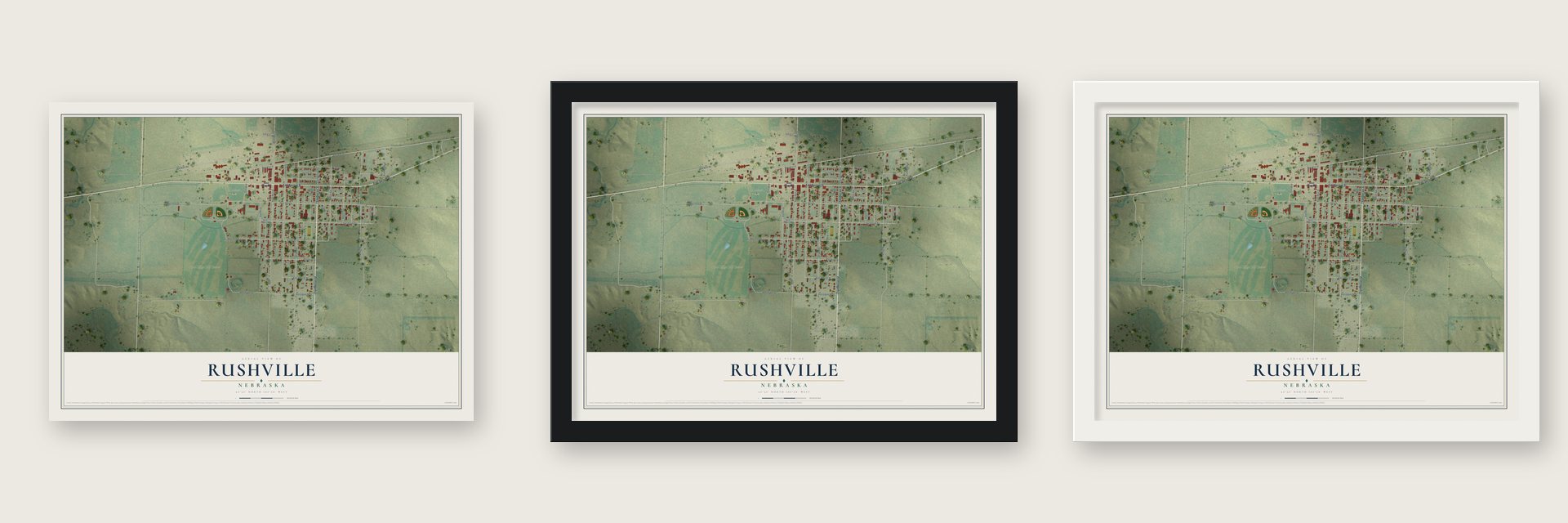 Rushville, Nebraska map unframed, in a black wood frame and in a white wood frame