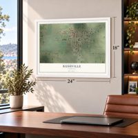 Rushville, Nebraska map, 18 x 24 inch print in a white frame in a home office