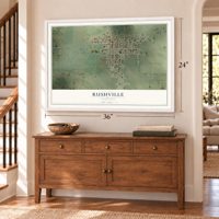 Rushville, Nebraska map, 24 x 36 inch print in a white frame above a dresser by a staircase